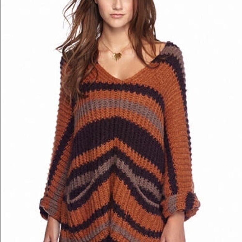 FREE PEOPLE | Wool Alpaca‎ sweater Oversized Boho Top Stripe Pockets | Medium
